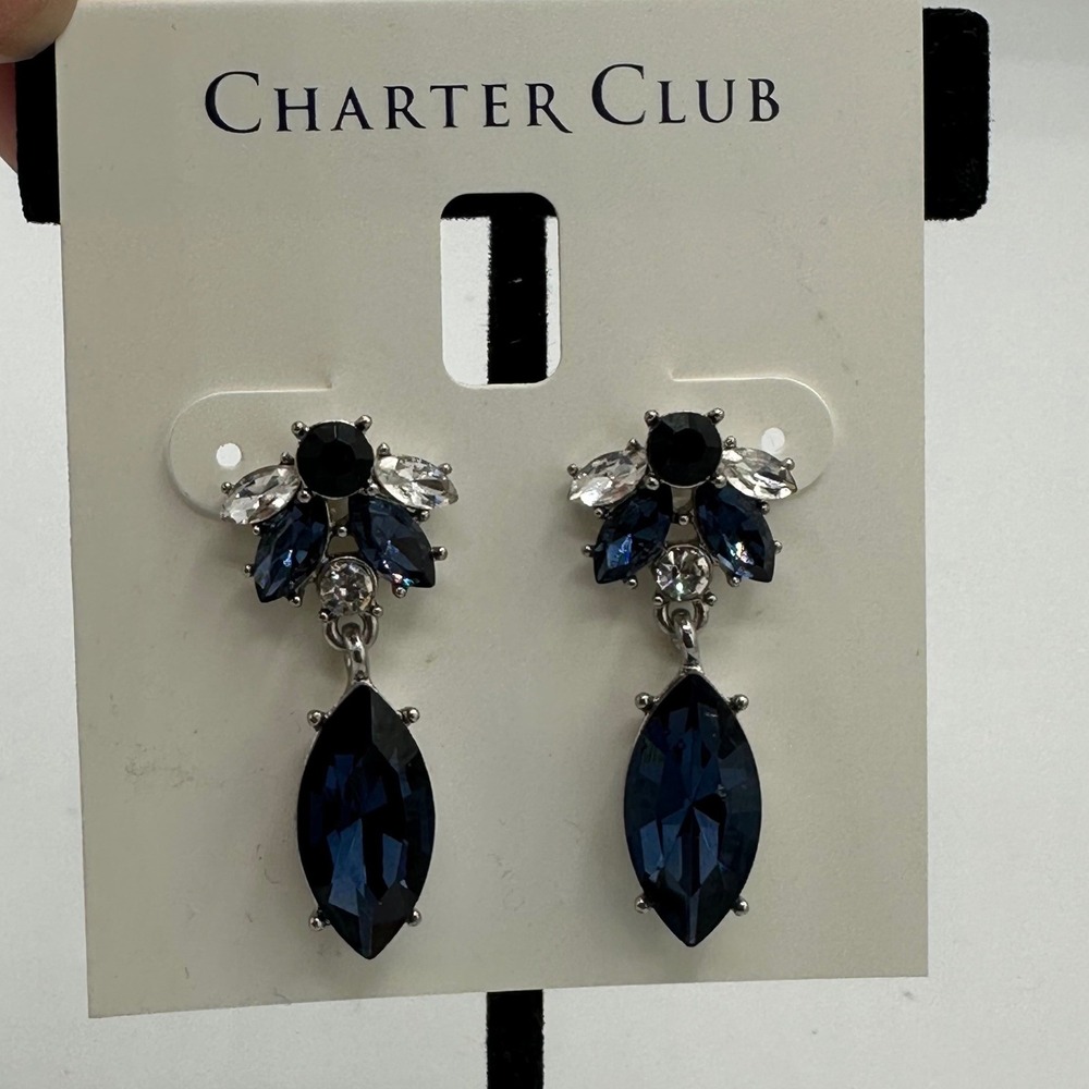 Charter Club Drop Earrings Women OS Navy Blue New Crystal Social Tower Marquise